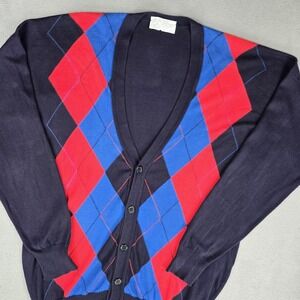 John Smedley Cardigan Sweater Mens Large Navy Argyle Sea Island Cotton‎ England